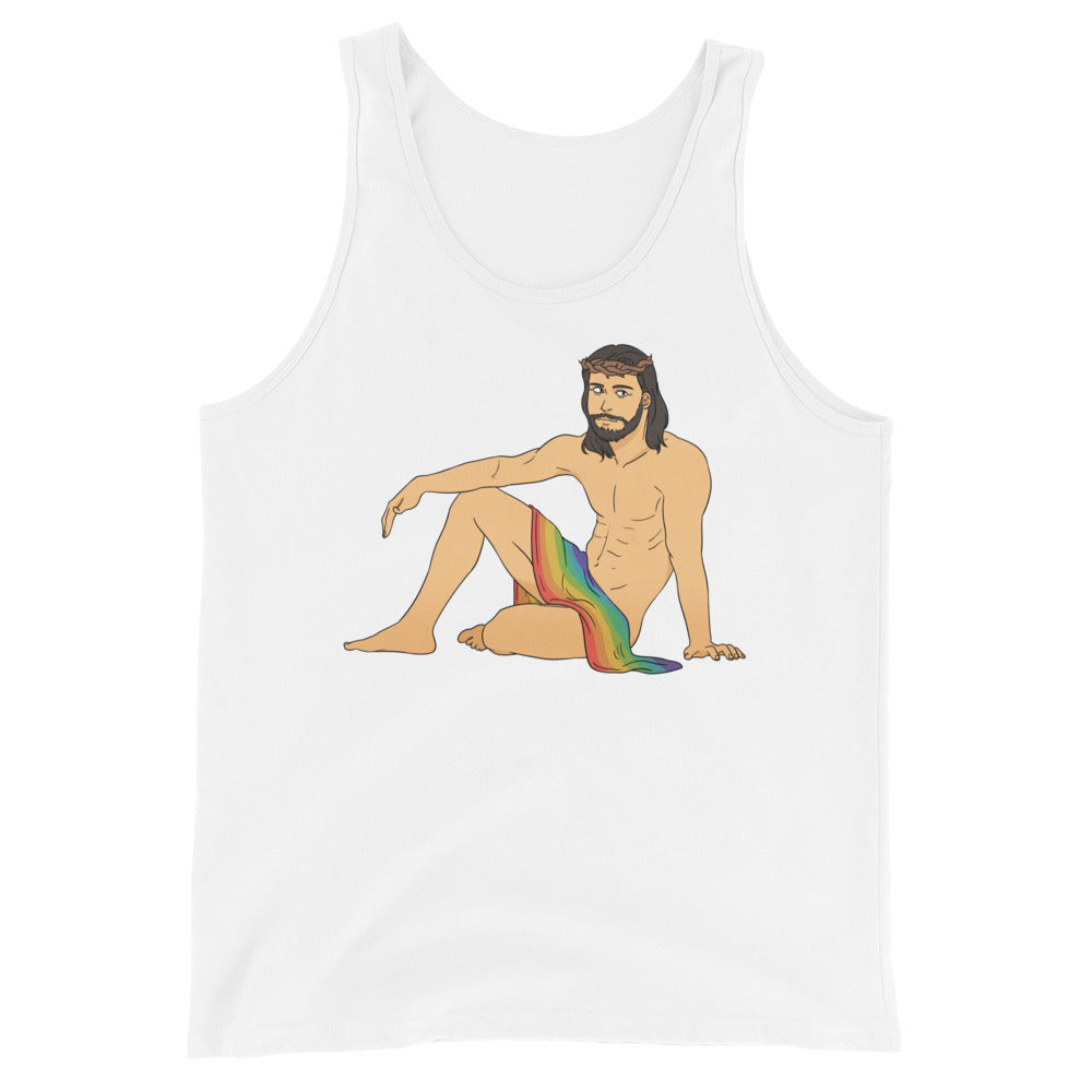 Unisex tank top showing a chilled, nude Jesus with beard and long hair, rainbow lap cover, floral headband—pure queer vibes.