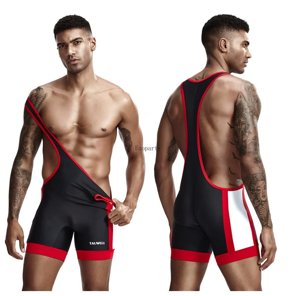 Model wearing a black wrestling singlet with red trim, shown from front and back