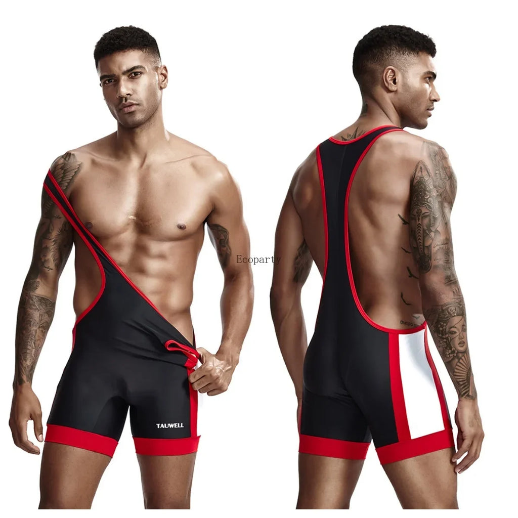 Model wearing a black wrestling singlet with red trim, shown from front and back