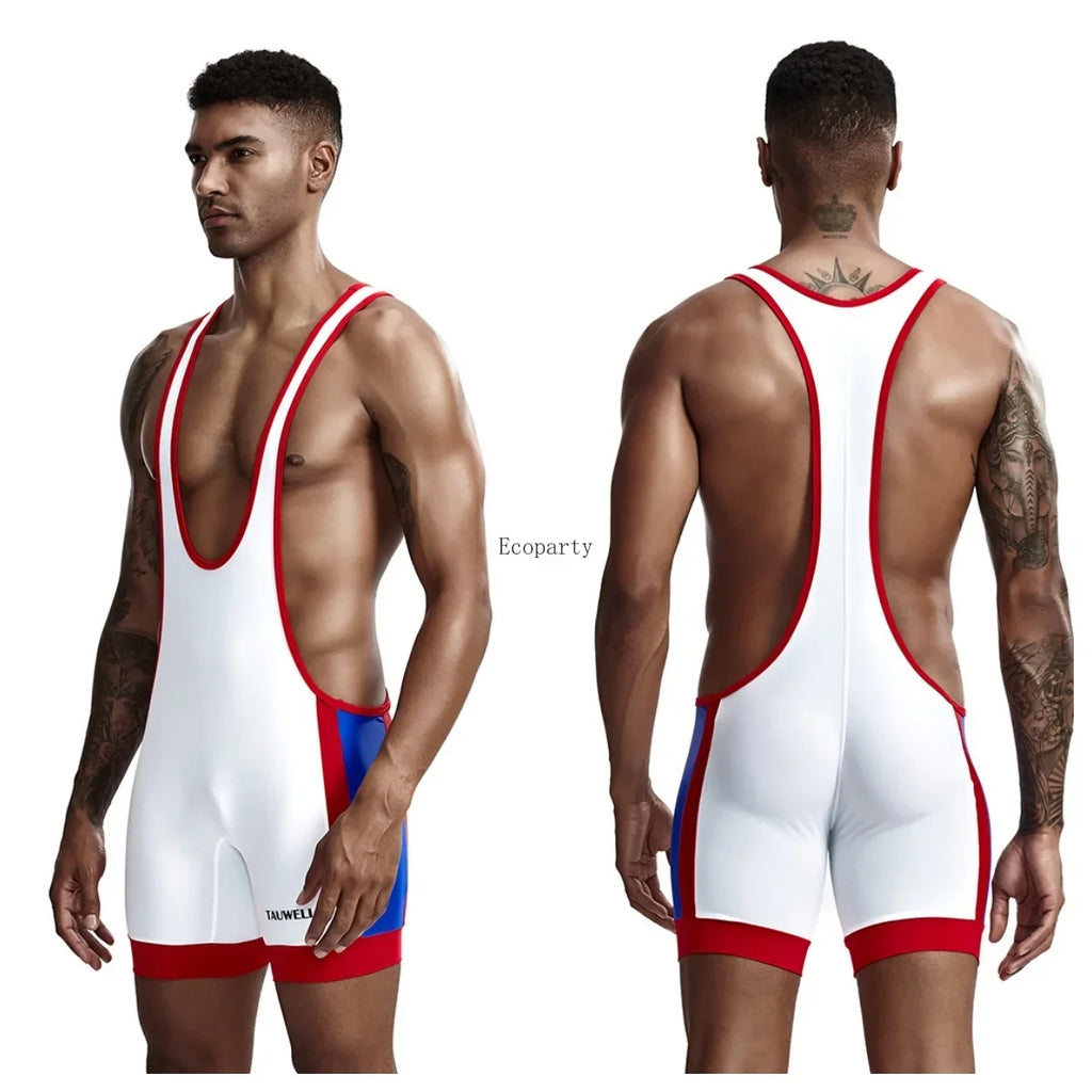 Front and back views of a person wearing a white wrestling singlet with red trim and blue side panels