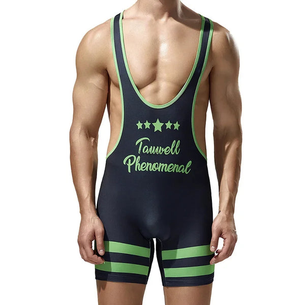 Model wearing a black wrestling singlet with green trim, striped shorts, stars, and “Tawrell Phenomenal” text