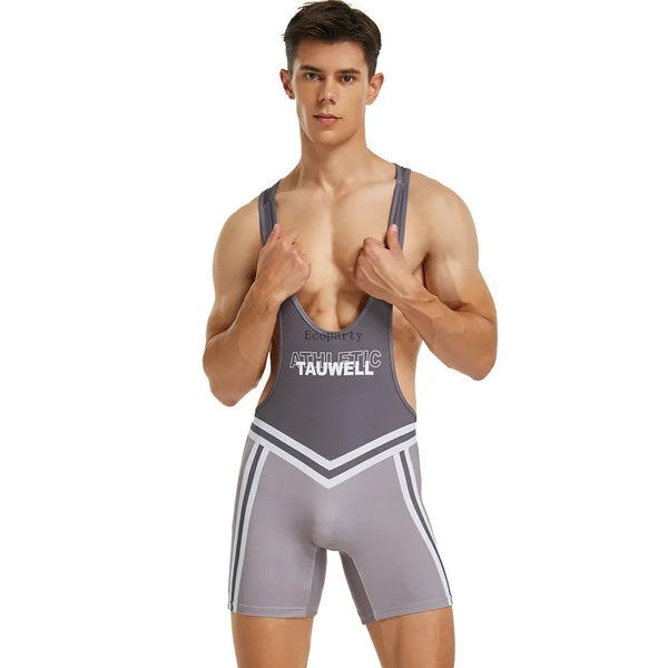 Person wearing a gray wrestling singlet with white athletic stripes and chest lettering