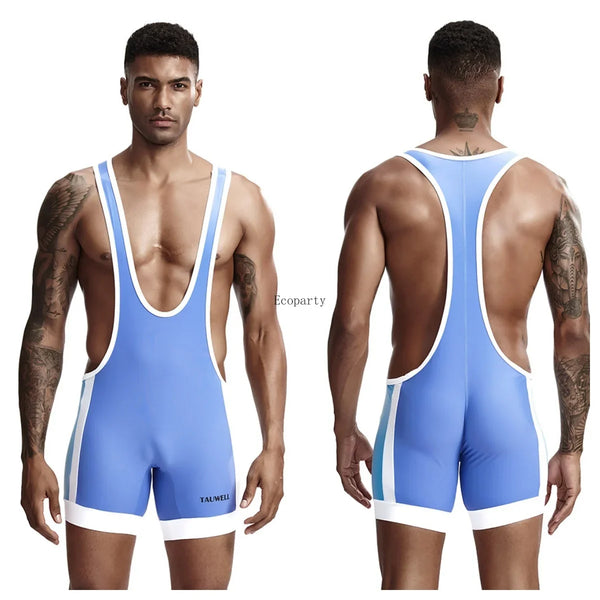 Front and back views of a blue wrestling singlet with white trim on a model