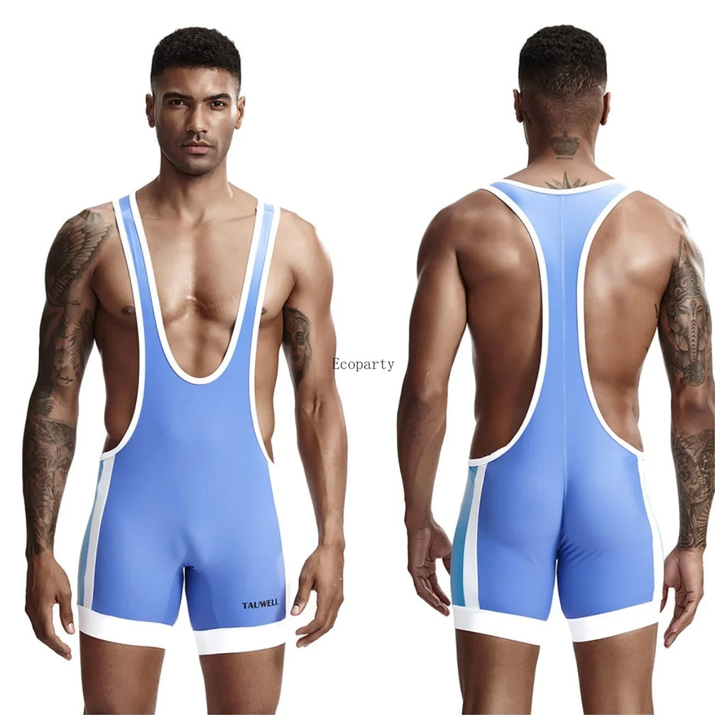 Front and back views of a blue wrestling singlet with white trim on a model