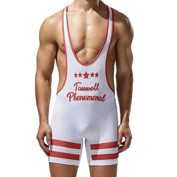 Person wearing a white wrestling singlet with red trim, stars, and “Tawwell Phenomenal” text