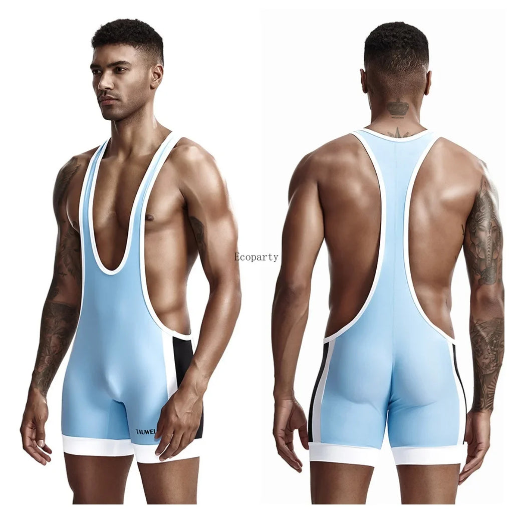 Front and back views of a light blue wrestling singlet with white trim