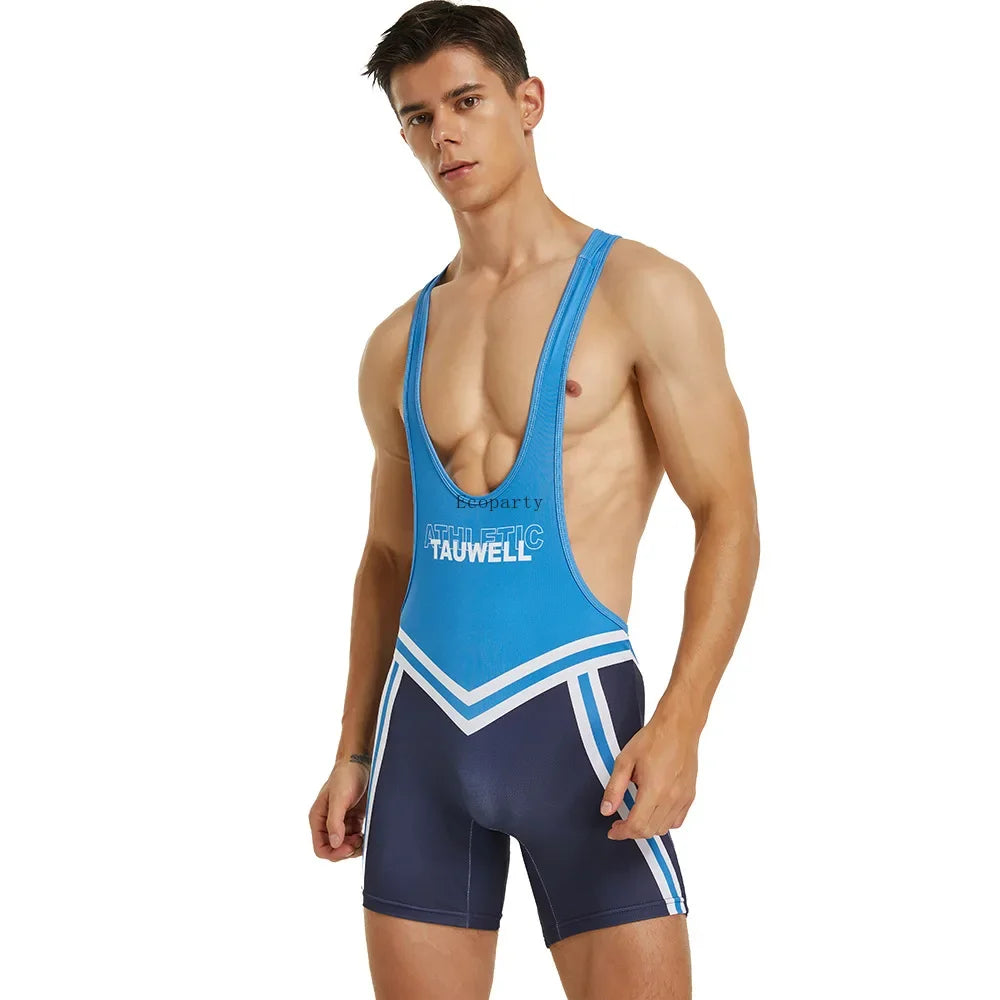 Front view of a model wearing a blue and navy wrestling singlet with white athletic stripes