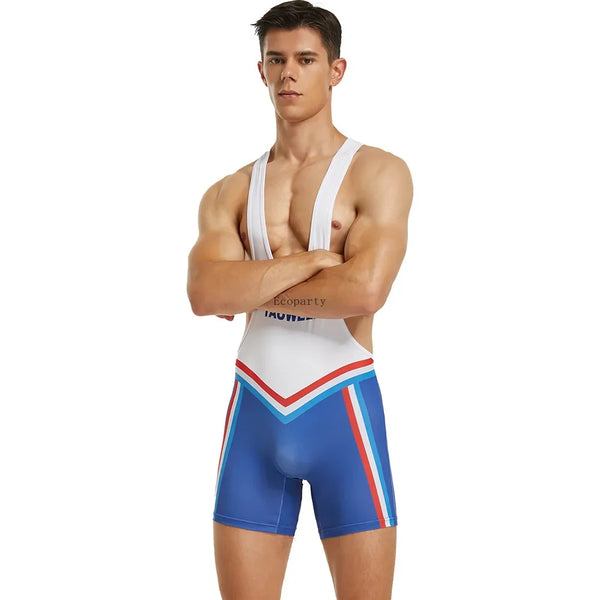 Person wearing a white wrestling singlet with blue shorts and red-and-white striped trim