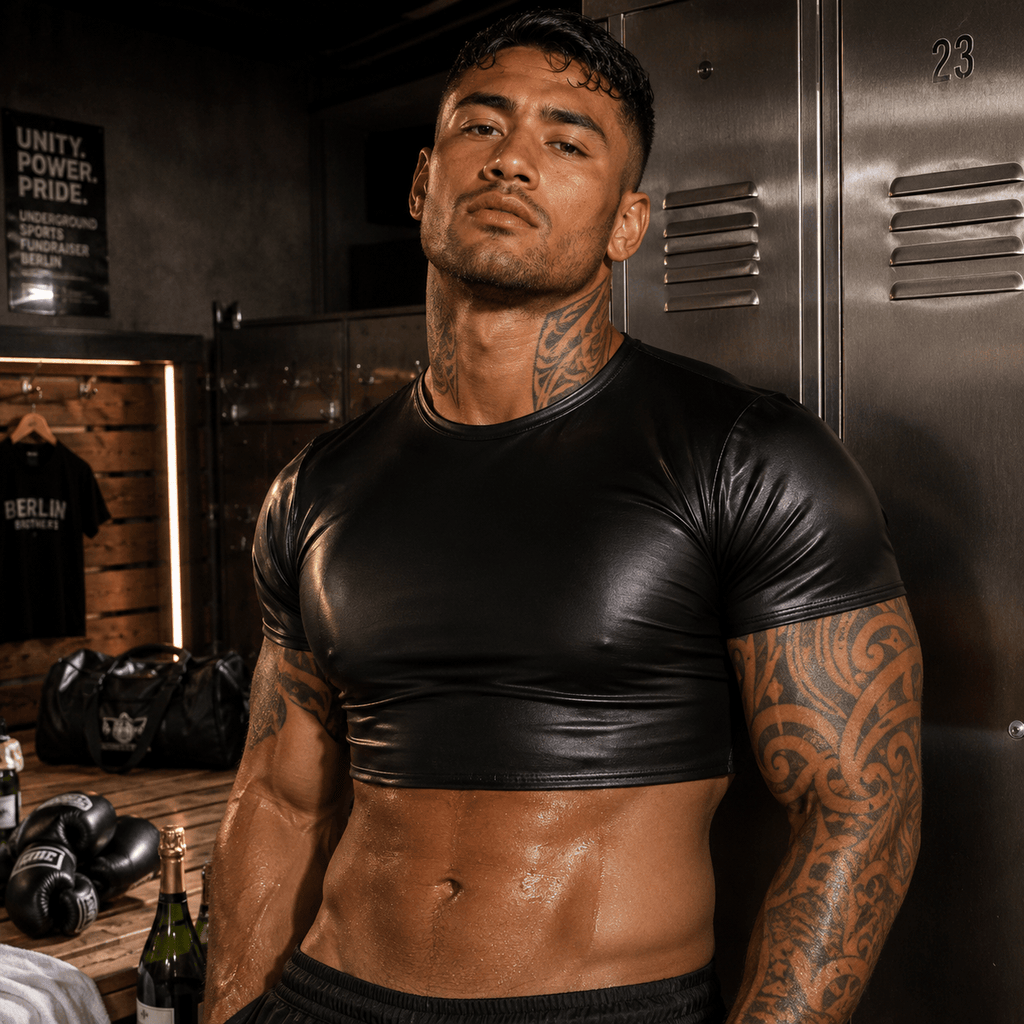 Front-facing model wearing a black glossy short-sleeve crop top in a locker room
