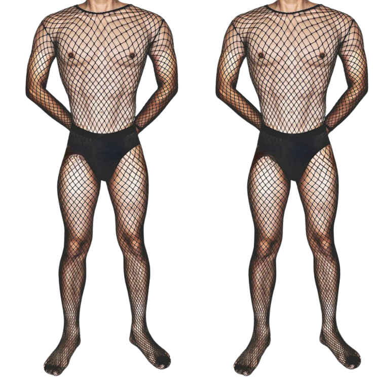 Two front-view models wear black fishnet bodysuits with solid briefs