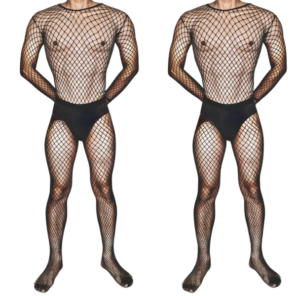 Two front-view models wear black fishnet bodysuits with solid briefs