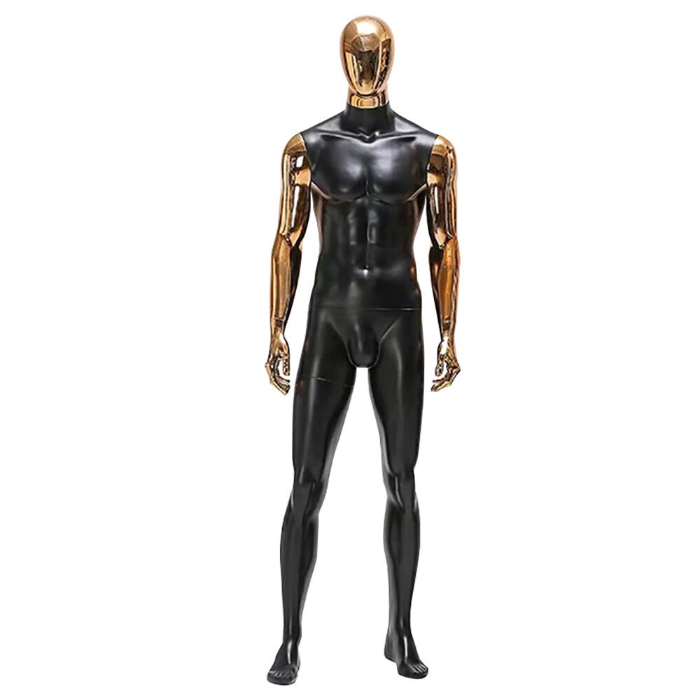 Front-view mannequin wearing a glossy black, form-fitting full-body spandex costume