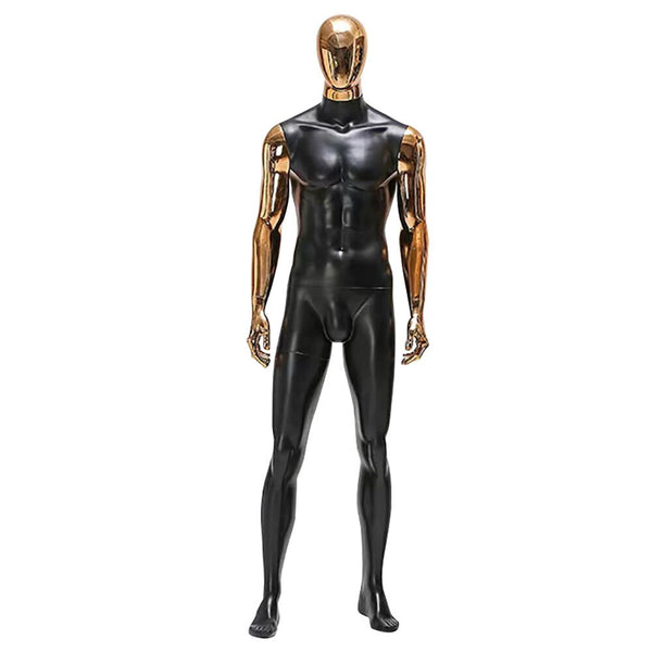 Front-view mannequin wearing a glossy black, form-fitting full-body spandex costume