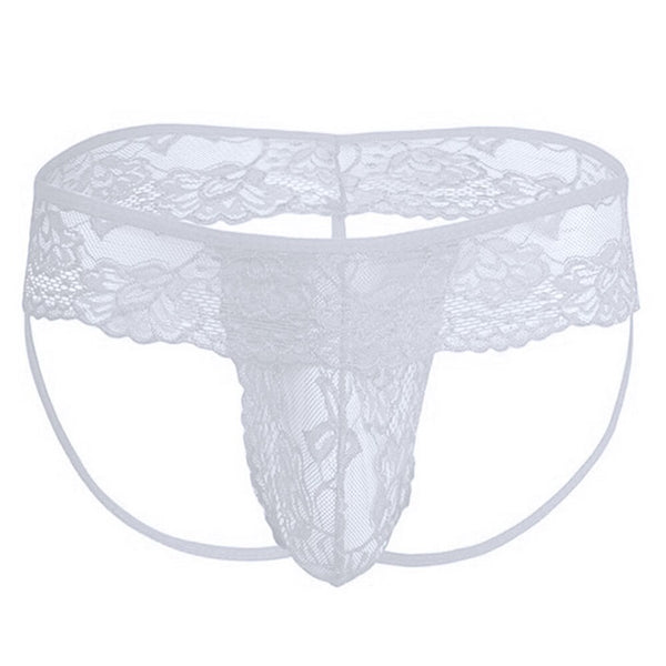 Mens white lace thong with floral lace, sheer pouch, wide waistband
