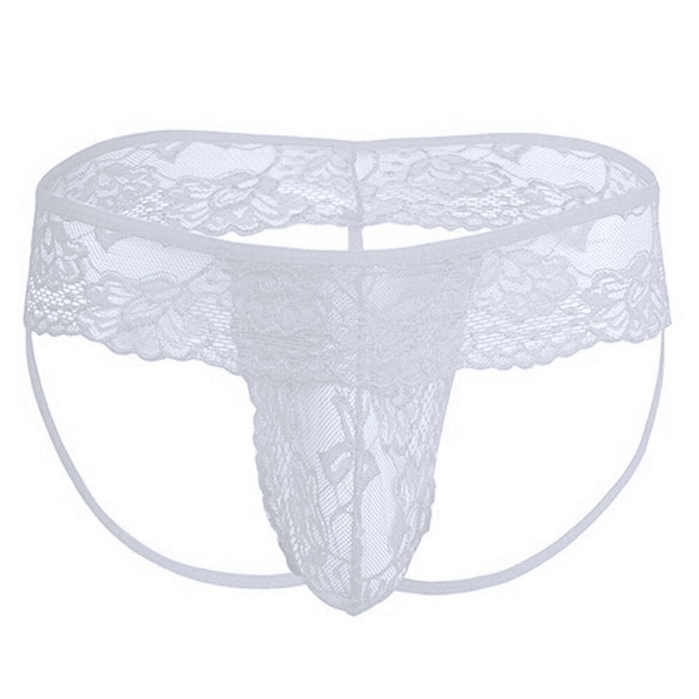 Mens white lace thong with floral lace, sheer pouch, wide waistband