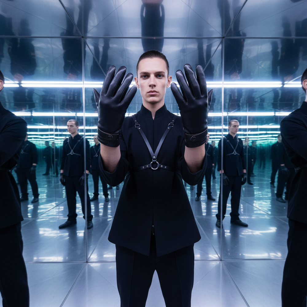 Front-facing model raises black leather gloves in a mirrored room
