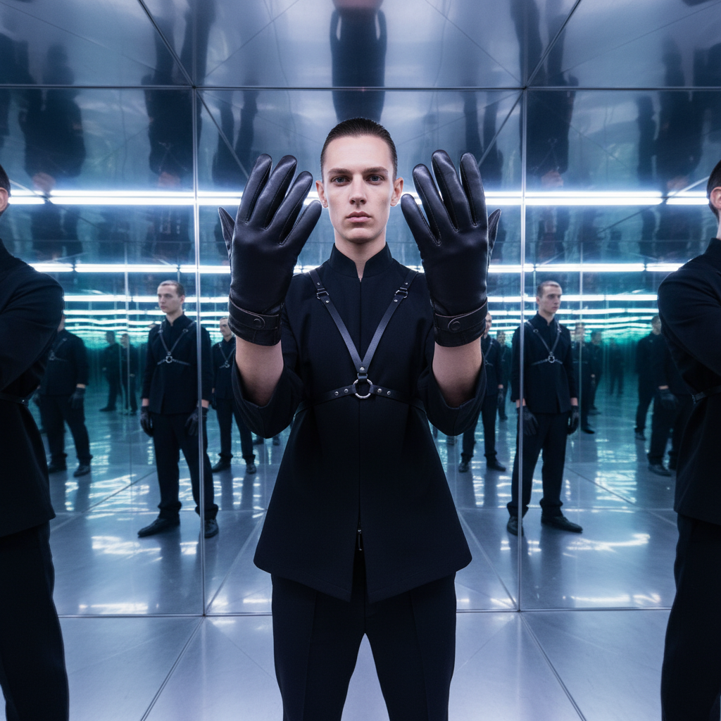 Front-facing model raises black leather gloves in a mirrored room