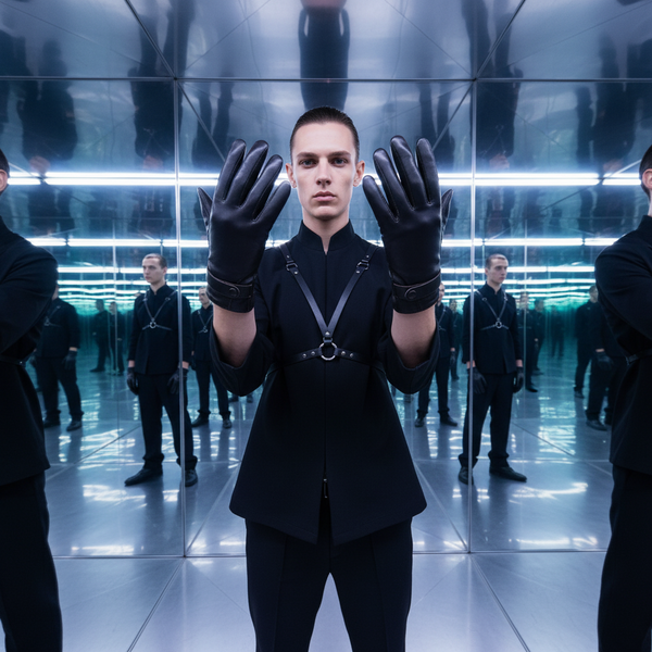 Front-facing model raises black leather gloves in a mirrored room