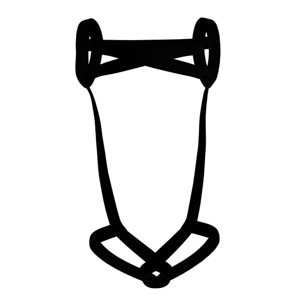 Black full-body harness shown flat against a white background, with crossed straps and a front ring