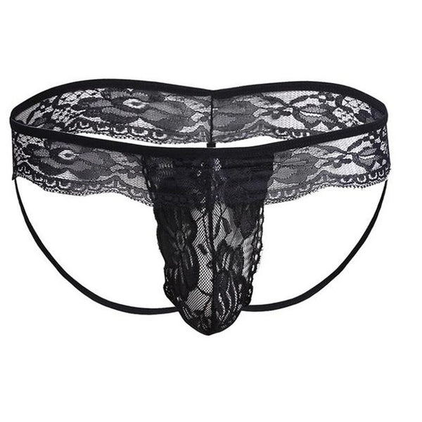 Front view of black floral lace men's thong with a sheer pouch and thin rear straps