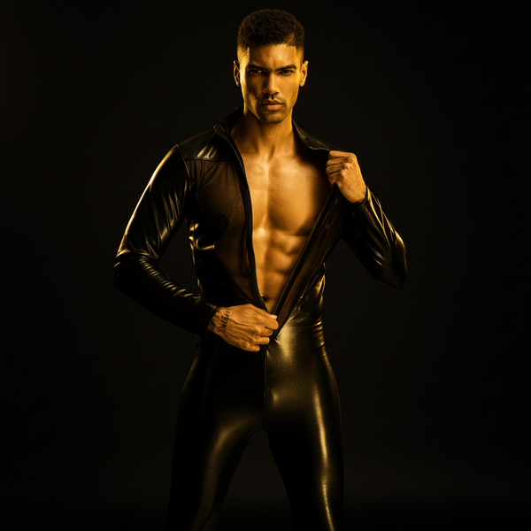 Front-facing model unzips a glossy black long-sleeve bodysuit against a dark background