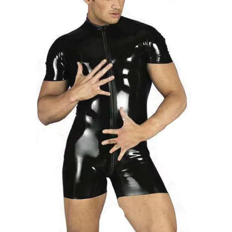 Cropped model wearing a glossy black short-sleeved bodysuit with a front zipper