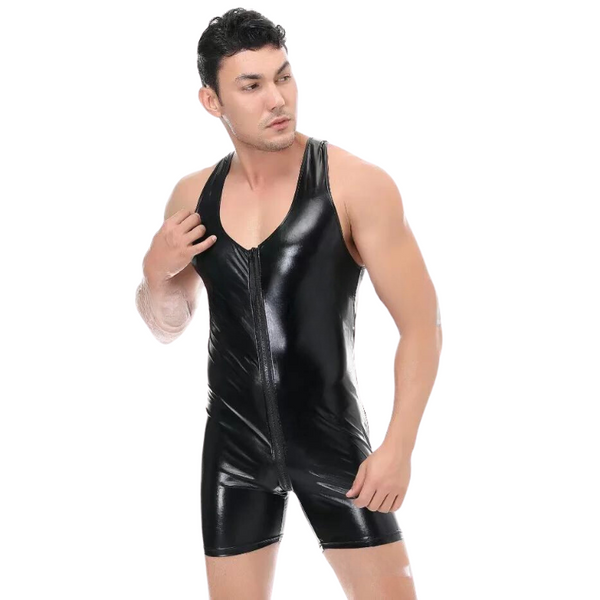 A person in a Sexy Mesh Bodysuit Clubwear—shiny, sleeveless, and black—stands against a white background