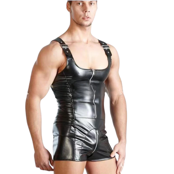 A man wearing the Sexy Mesh Bodysuit Clubwear, embracing bold queer fashion.