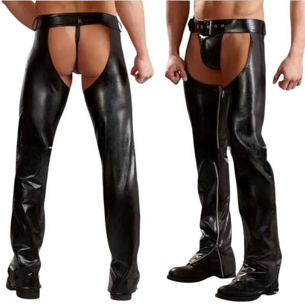 Front and back views of black glossy leather chaps with an open seat and front pouch
