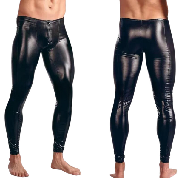 Front and back views of a model wearing shiny black faux-leather leggings with a front zipper
