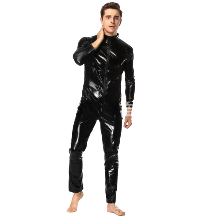 Front-view model wearing a glossy black long-sleeve zip-front bodysuit, barefoot