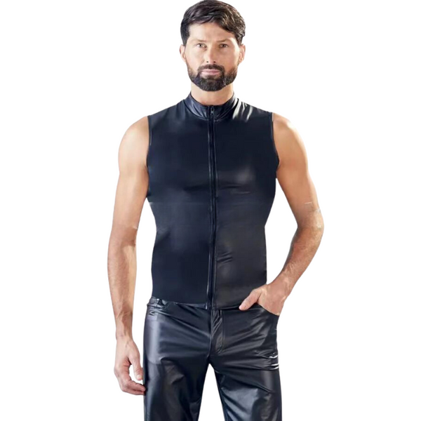 A person with short dark hair and a beard models the Sexy Mesh Bodysuit Clubwear
