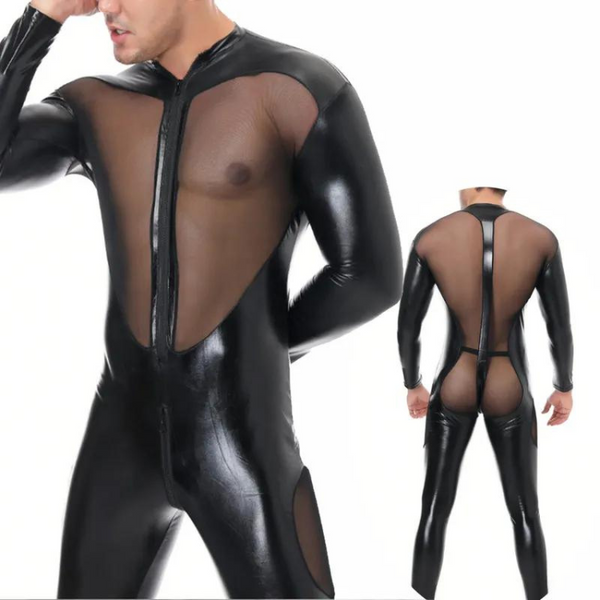 A man models the Sexy Mesh Bodysuit Clubwear, a bold statement piece ideal for queer fashion and nightlife.