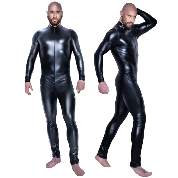 Two views of a bald, bearded model wearing a shiny black full-body catsuit