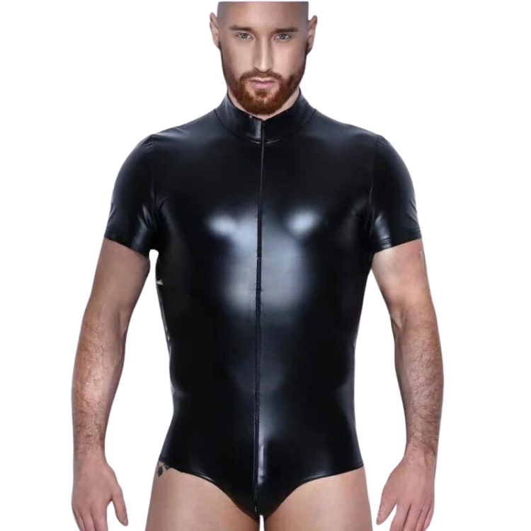 Front-facing bearded model wears a glossy black short-sleeve bodysuit with a front zipper.