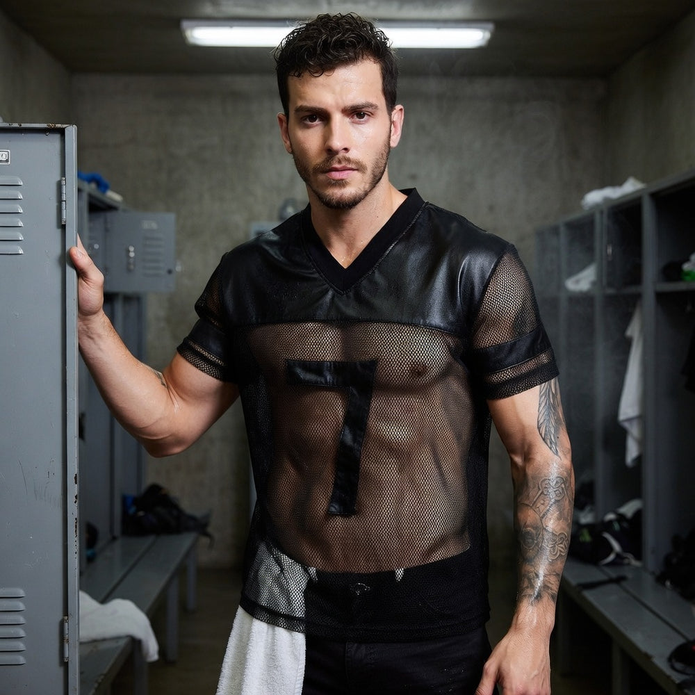 Front-facing person wears a black leather-trimmed mesh football T-shirt in a locker room