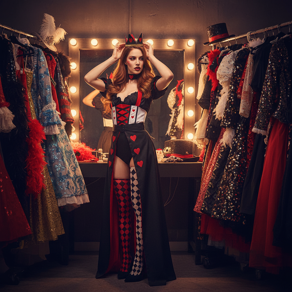 Sexy Queen of Hearts costume on a person adjusting their crown