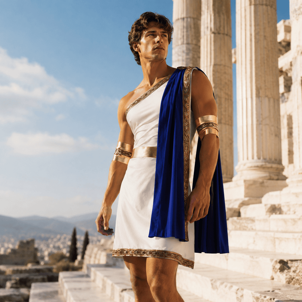 Front-facing model wearing a white Roman-style tunic with blue cape and gold trim
