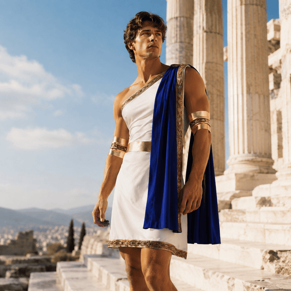 Front-facing model wearing a white Roman-style tunic with blue cape and gold trim