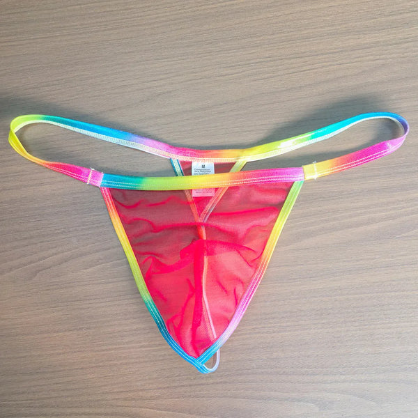 Front-facing rainbow-trim sheer pink mesh thong laid flat on a wood surface