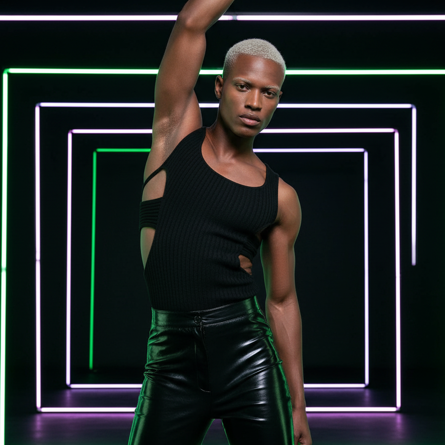 Model wearing a black ribbed knit vest with open side cutouts, posed before neon light frames