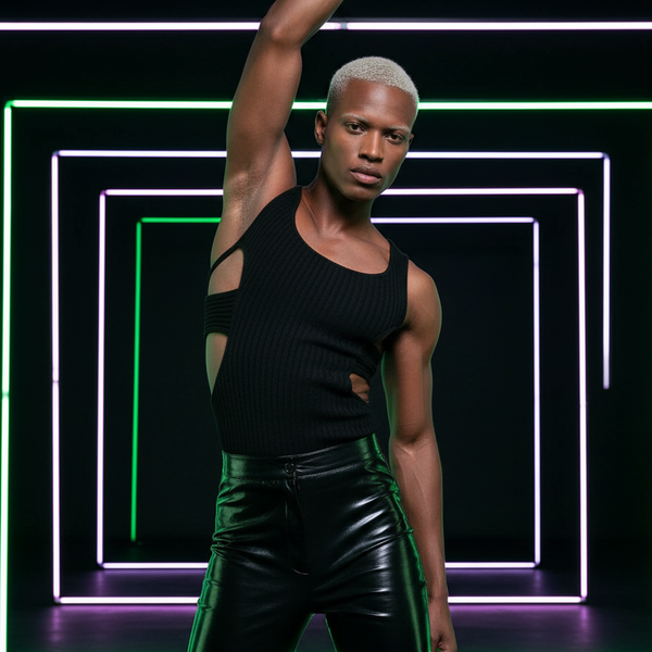 Model wearing a black ribbed knit vest with open side cutouts, posed before neon light frames