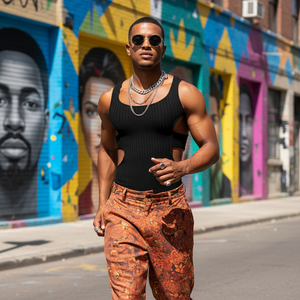 Front view of a person wearing a black ribbed cutout tank vest on a mural-lined street