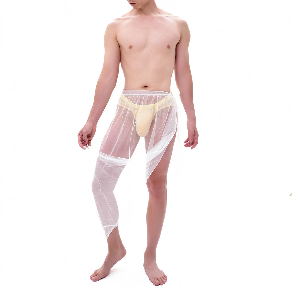 Front-view model wearing sheer white open-leg pajama bottoms over a yellow thong