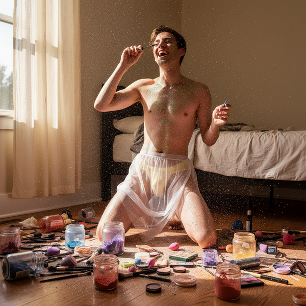 Person kneeling in a bedroom wearing sheer white pajama bottoms while applying makeup