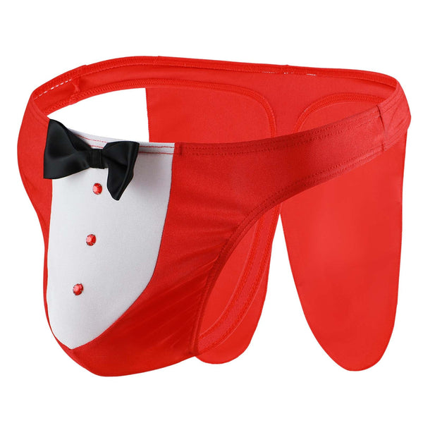 Red jockstrap with a white tuxedo-style front, black bow tie, and red studs