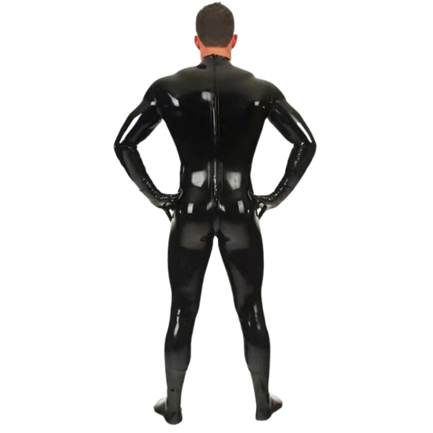 Rear view of a person wearing a glossy black, full-body spandex catsuit with a back zipper