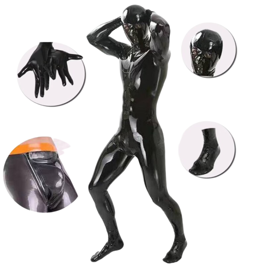Glossy black full-body catsuit and matching mask, gloves, and foot coverings shown on a model