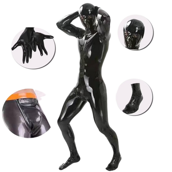 Glossy black full-body catsuit and matching mask, gloves, and foot coverings shown on a model