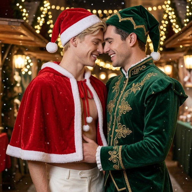 Two men in festive costumes, one wearing a red velvet Santa cape and the other an ornate green elf outfit